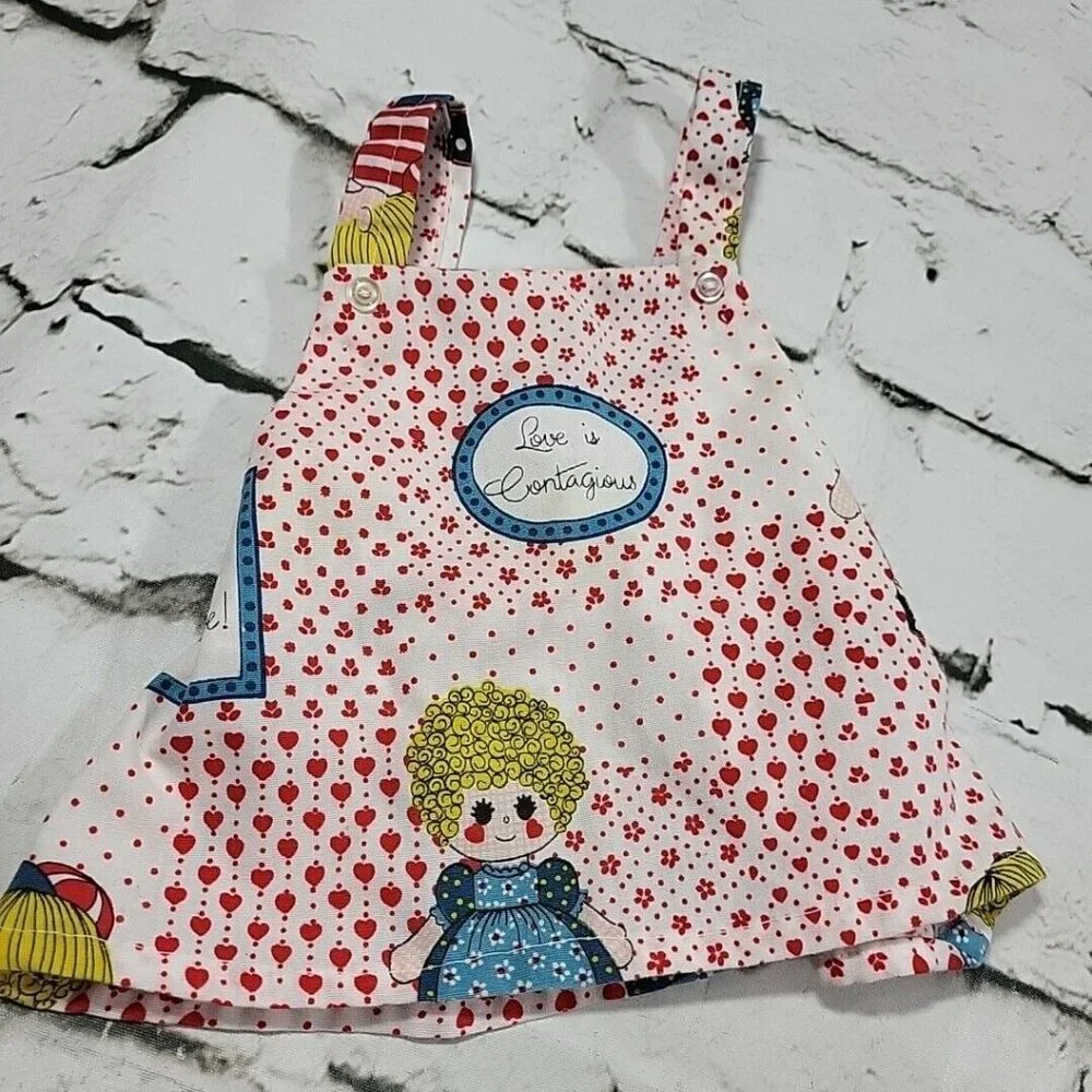 Vintage Handmade Doll Dress Love Is Contagious Red‎ Calico Print